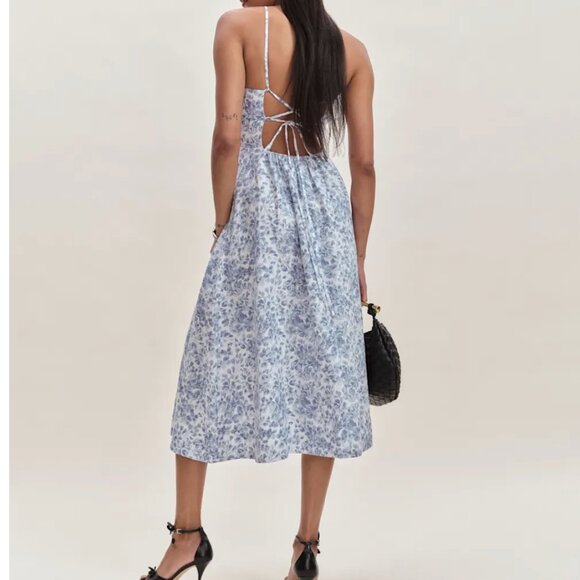 NEW Reformation Yuliy Linen Midi Dress Sz2 Chloe Blue Ivory Floral Wedding - Picture 4 of 10